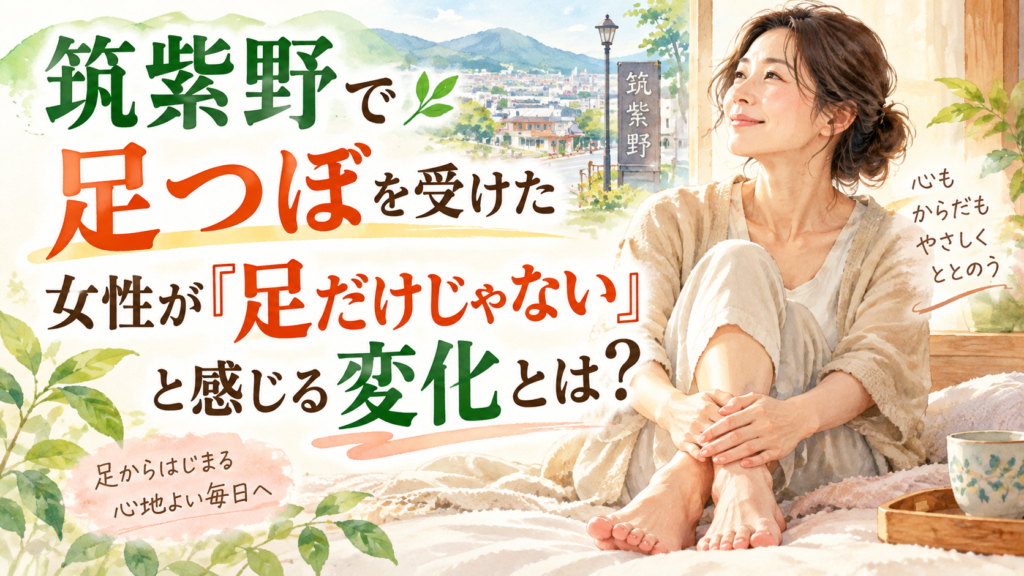 筑紫野で足つぼを受けた女性が足だけでなく身体全体の変化を感じる様子を描いたイメージ