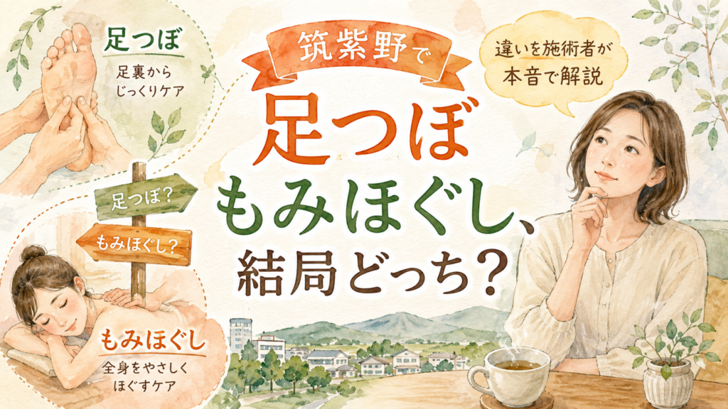筑紫野で足つぼともみほぐしの違いを比較し、どちらが自分に合うか考える女性のイラスト