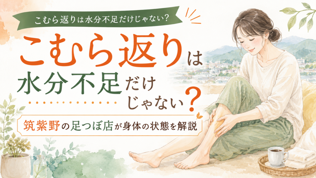 筑紫野の足つぼ店が、こむら返りは水分不足だけではない身体の状態について解説する記事のアイキャッチ画像