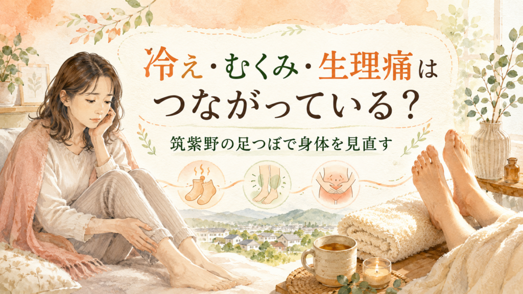 冷え・むくみ・生理痛のつながりを筑紫野の足つぼ視点で見直す女性向けイラスト