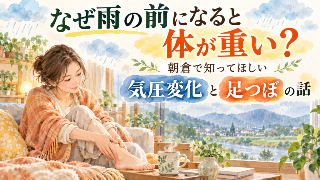 雨の前に体が重く感じる女性と、気圧変化や足つぼをイメージした朝倉のアイキャッチ画像