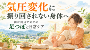 気圧変化が気になる女性が足をいたわる様子と朝倉周辺の自然を描いた、足つぼと日常ケアの記事アイキャッチ画像
