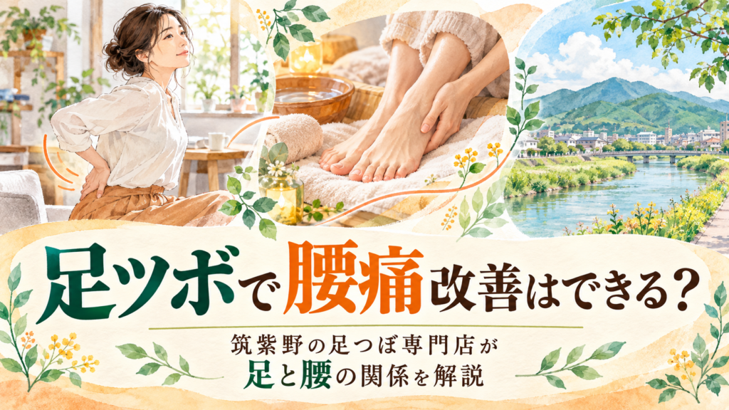 腰の不調が気になる女性と足元のケア、筑紫野の風景を描いた足ツボと腰痛の記事アイキャッチ画像